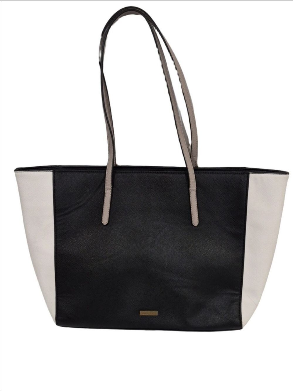 Classic Black and White Tote with Taupe Handles - Picture 4 of 16